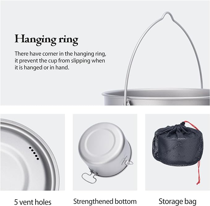 iBasingo 1.3L (1300ml) Titanium Pot with Lid Lightweight Backpacking Cook Pot for Solo Camping, Hiking & Backpackers, Portable Camping Cookware with Measurement Marks Ti2043C