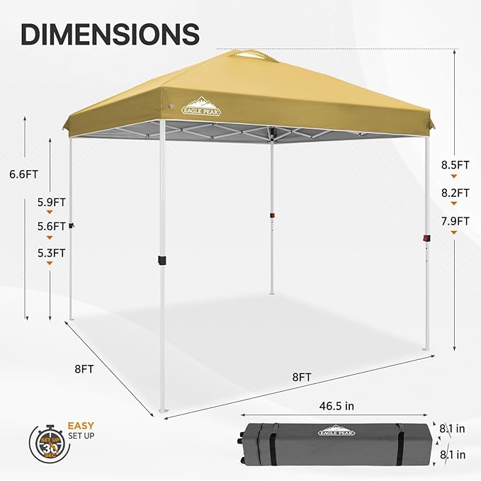 EAGLE PEAK Pop Up Canopy Tent with Wheeled Carry Bag, 8 Stakes, 4 Ropes, Easy Set Up Tent Canopy, 8x8 ft, Beige