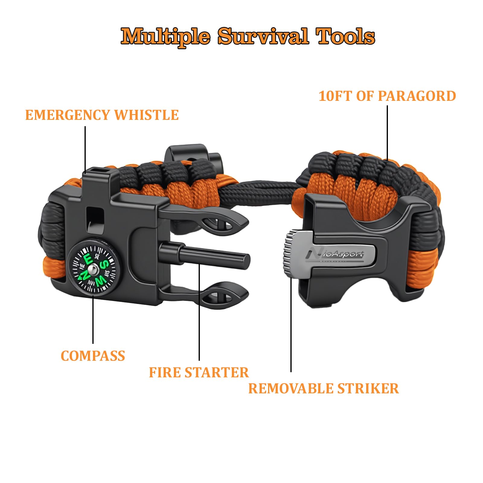 NVioAsport Paracord Survival Bracelet (3 Pack) - Adjustable with Fire Starter, Whistle, Compass