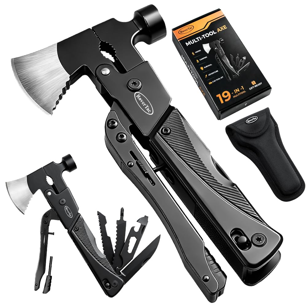 RoverTac 19-in-1 Multi-Tool Axe with Knife, Hammer, Saw, Screwdrivers, Bottle Opener, Nylon Sheath