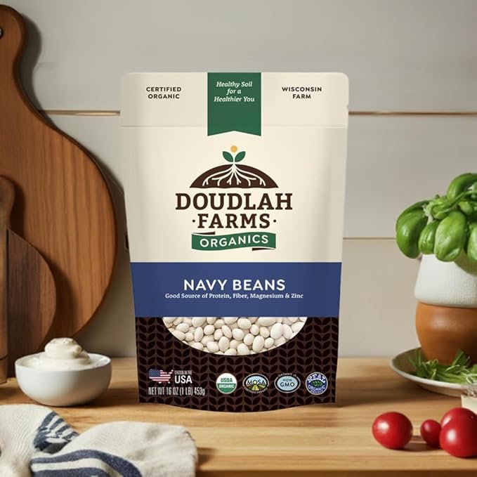 Organic Navy Beans 1 lb - Non-GMO, USDA Organic, Tested Clean Certified, Vegan - Rich in Fiber & Protein for Soups, Burritos, Salads & Chili - Grown In USA, Farmed From Regenerative Soil by Doudlah Farms