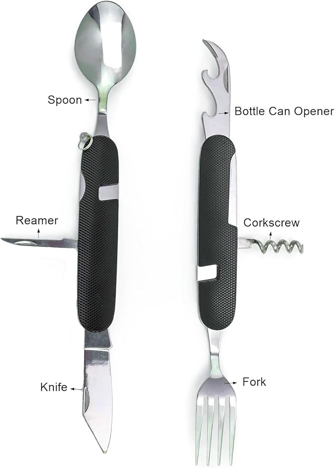 6-in-1 Multi-Function Camping Utensil Flatware Set Detachable Spoon Fork Knife Combo Mess Kit with Carrying Pouch (Black + Green)
