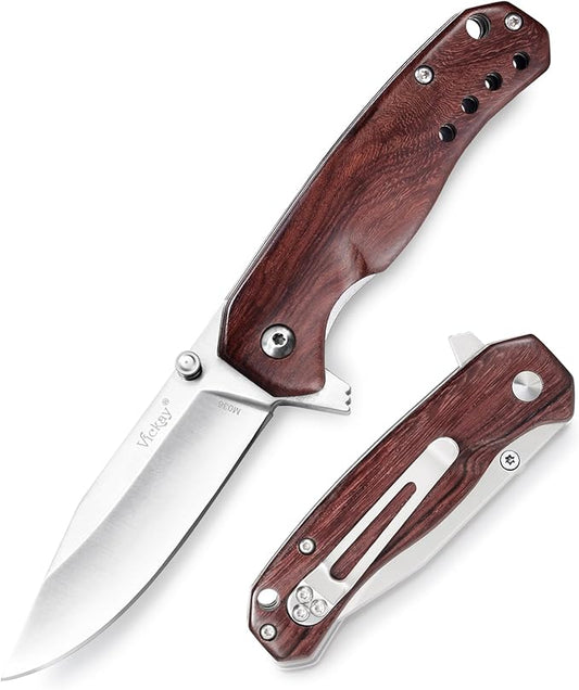 Vickay Pocket Knife for Men, Folding Knife for Women with Clip, 2.9inch 8Cr13MoV Steel Blade, Wood Handle EDC Knife for Camping, Tactical, Hunting, Camping, Hiking and Everyday Carry