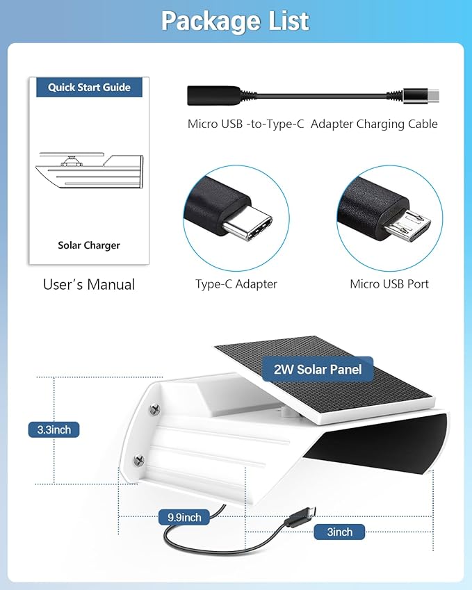 Low-Power Camera Solar Charging Mount, Solar Panel Charger Kit with Built-in 8000mAh Rechargeable DC 5V Battery, Type-C & Micro USB