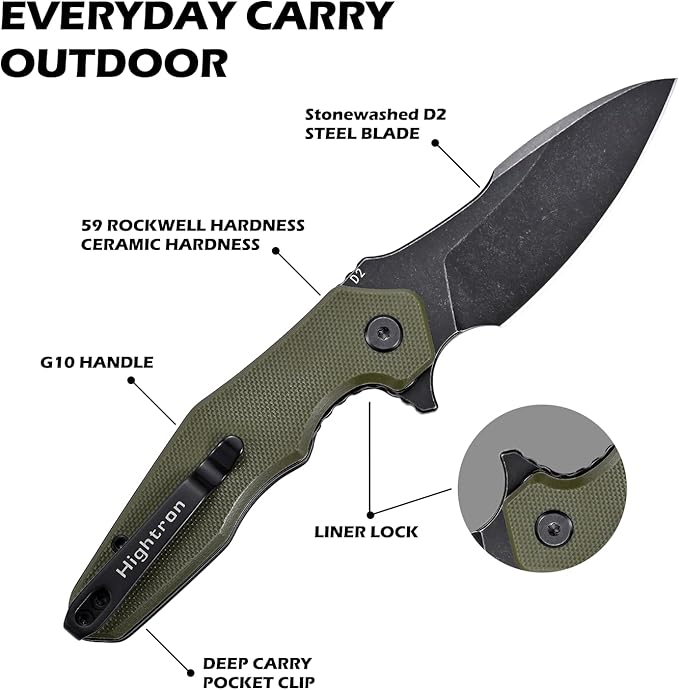 Hightron Mini Ventura Flipper Pocket Knife, 2.85" D2 Blade and Ergonomic G10 Handle, EDC Folding Knives for Camping Survival Hiking tool for Men Women (Green-B)