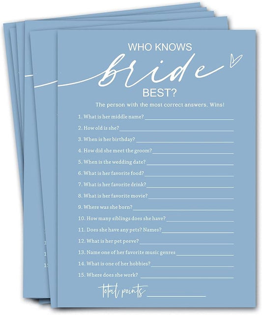 Bridal Shower Games Cards, Who Knows The Bride Best, 25 Guest Wedding Games, Minimalist Blue Wedding Party Supplies - B03