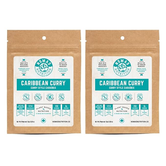 Nomad Nutrition Caribbean Curry | Instant Freeze Dried Backpacking & Camping Food | Plant-Based, Non-GMO Hiking Meals with High-Energy, Vegan, Gluten-Free | 56g - 2 Pack