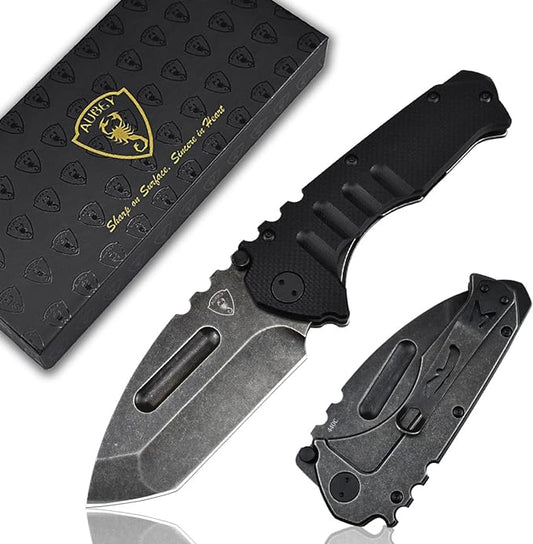 AUBEY Folding Pocket Knife with Tanto Tumbled 440C Steel Blade, Frame Lock, Black G10 Handle, Clip, Glass Breaker, Heavy Duty EDC Knife for Men Hunting, Magic Axe