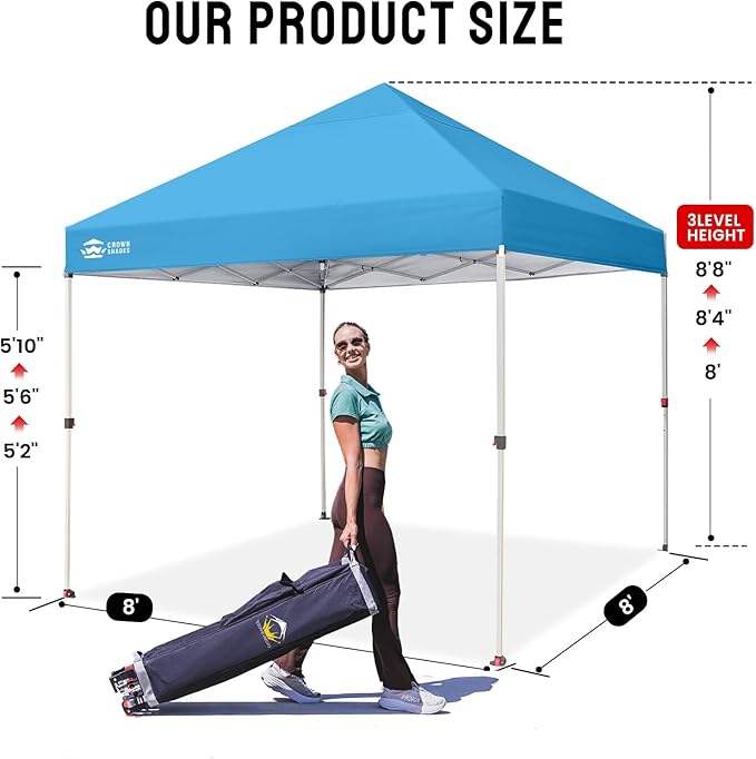 CROWN SHADES 8x8 Pop Up Canopy, Patented Center Lock One Push Instant Popup Outdoor Canopy Tent, Newly Designed Storage Bag, 8 Stakes, 4 Ropes, Silver-Coated Sky Blue