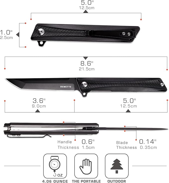 Tactical Folding Pocket Knife GD22K, 3.6" Black PVD Tanto Blade Flip Open with Durable G10 Handle,Men Women Everyday Carry EDC,Sharp Camping Hiking Daily Work Knives