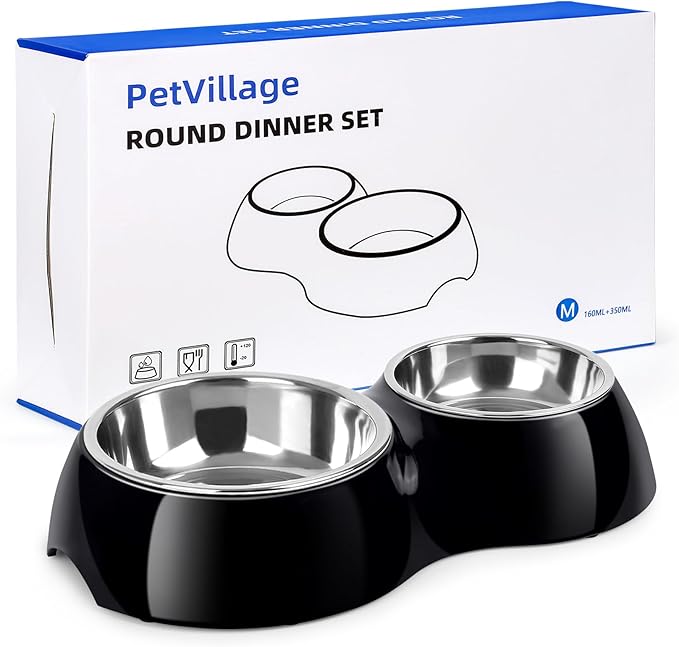 Double Dog Bowls Set ??Non-Slip Pet Food & Water Dishes with Resin Stand, Includes Small (1 Cup) & Medium (2 Cups) Bowls ??Ideal for Puppies, Cats, and Medium Dogs ?“Black