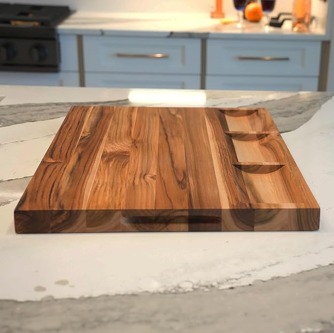 EcoDecors, Teak Cutting Board 24x18, FSC Certified Edge Grain Wood Reversible Butcher Block with Juice Groove, 3 Charcuterie Trays & Handles, Large Teakwood Cutting Board for Kitchen & Carving