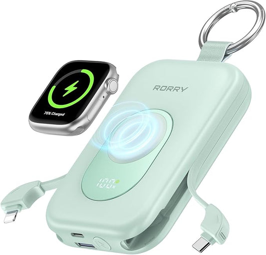 RORRY Portable Charger, 20000mAh PD 30W Portable Charger Power Bank with 2 Built-in Cables, Super Fast Charging Battery Pack with Keychain, Travel Essentials for iPhone, Apple Watch, iPad, Green
