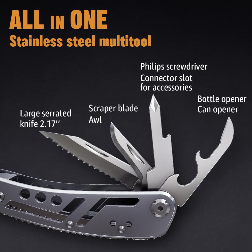 24-in-1 Multitool with Knife, Pliers & 11 Bits Sharp Stainless Steel - Multi Tool for Men - Ideal