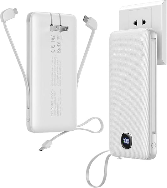 Portable Charger with Built-in Cables&AC Wall Plug,Slim 10000mAh 22.5W Fast Charging Power Bank,5 Output 2 Input USB-C External Battery Pack Compatible with iPhones,Samsung,Android, etc