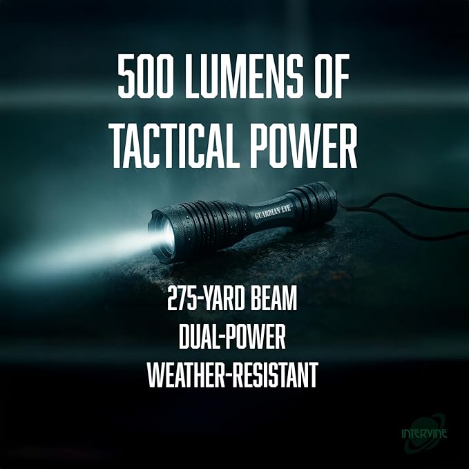 Guardian LTE Tactical Flashlight, 500 Lumens, Zoom?‘Focus, Water?‘Resistant IPX5, 5 Modes (High/Med/Low/Strobe/SOS), Dual?‘Power: 3×AAA (Included) or Rechargeable, Type III Aluminum, 5.5" Compact