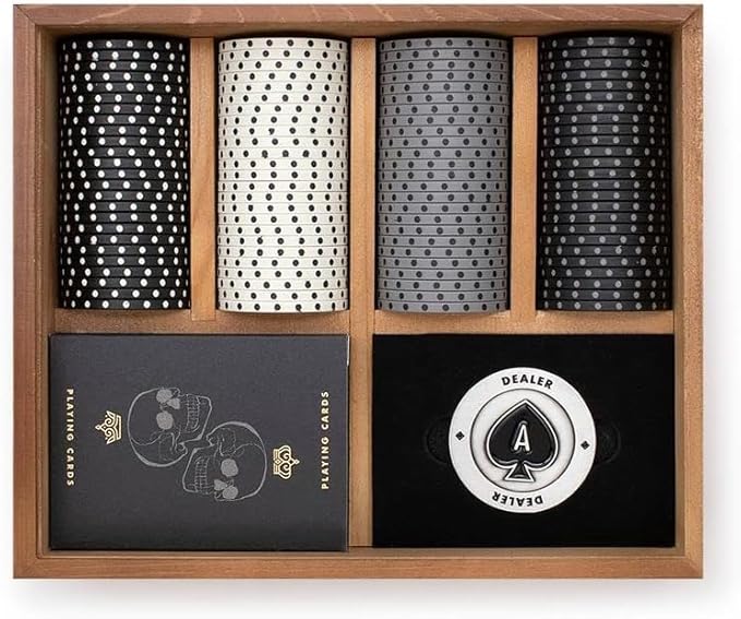 Iron & Glory Poker Set - Luxury Poker Set in Premium Wooden Box - Includes Playing Cards & 100 Custom Chips - Below Deck - Engraved Ace Of Spades Metal Dealer Chips - Board Games - Travel Games