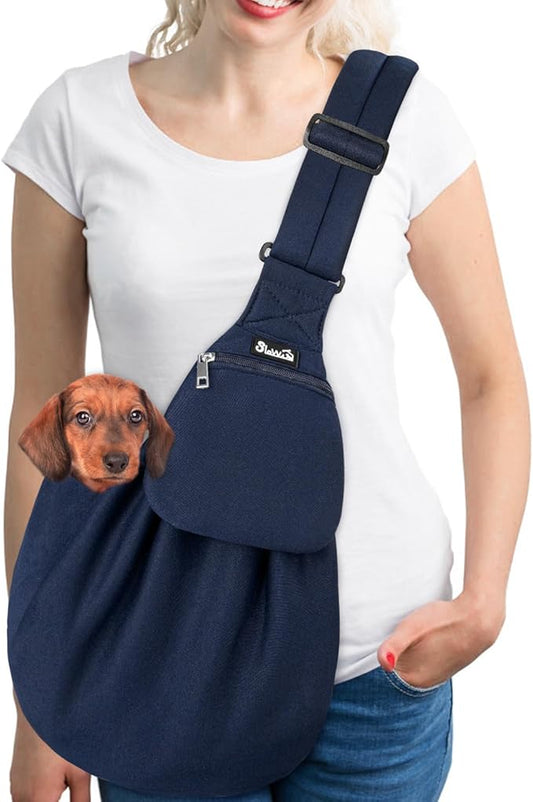 SlowTon Dog Carrier Sling - Thick Padded Shoulder Strap Adjustable Dog Carriers for Small Dogs, Puppy Carrier Purse for Pet Cat with Front Zipper Pocket Safety Belt Machine Washable (Dark Blue, L)