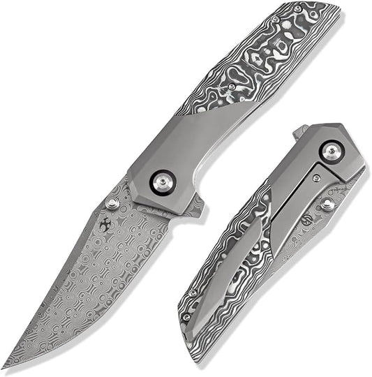 KANSEPT Deadite Pocket Folding Knives for Men Women Camping Hiking Folding Knife 3.52'' Damascus Blade EDC Knife with Beadblasted Titanium Carbon Fiber Handle Everyday Carry K1081A1