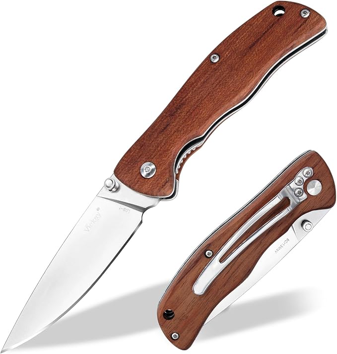 Vickay Pocket Knife for Men, Folding Knife with Clip, 3.74" 8Cr13MoV Steel Blade, Wood Handle EDC Knife for Outdoor Capmping, Tactical, Hunting and Fishing Gift