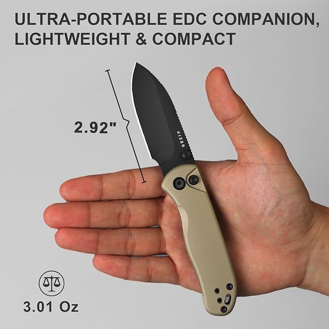 Kizer Drop Bear 2 Pocket Knife, 2.92" Nitro-V Drop Point Blade Folding Knife with Tan Aluminum Handle, Button Liner Lock EDC Knives with Jimping on Spine for Men Women V3619.2CD1