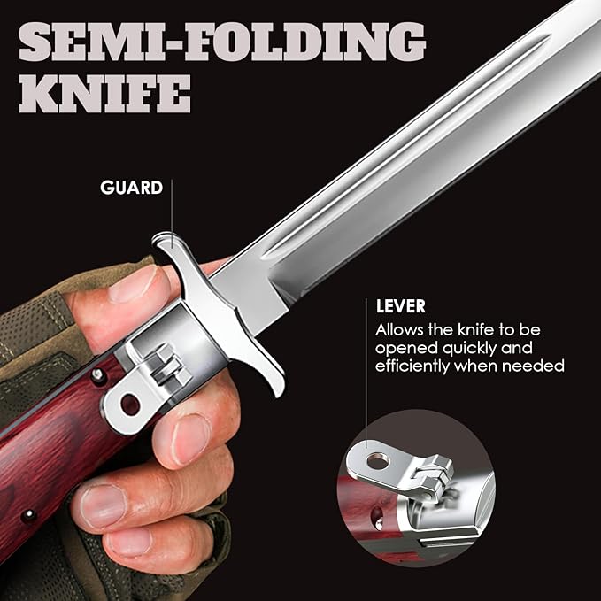 Grand Way 12.2" Retro Folding Knife with Wood Handle & Leather Sheath - 7.8" Long Foldable Sharp Blade - Large Pocket Knife for Men Camping Hunting Survival Work 12 KG