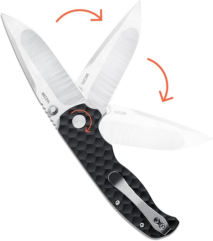 Men's Folding Pocket Knife – 3.4" Sandvik 14C28N Blade G10 Handle Ceramic Bearings Liner Lock Deep Pocket Clip – EDC Knife for Outdoor Hiking Survival Use