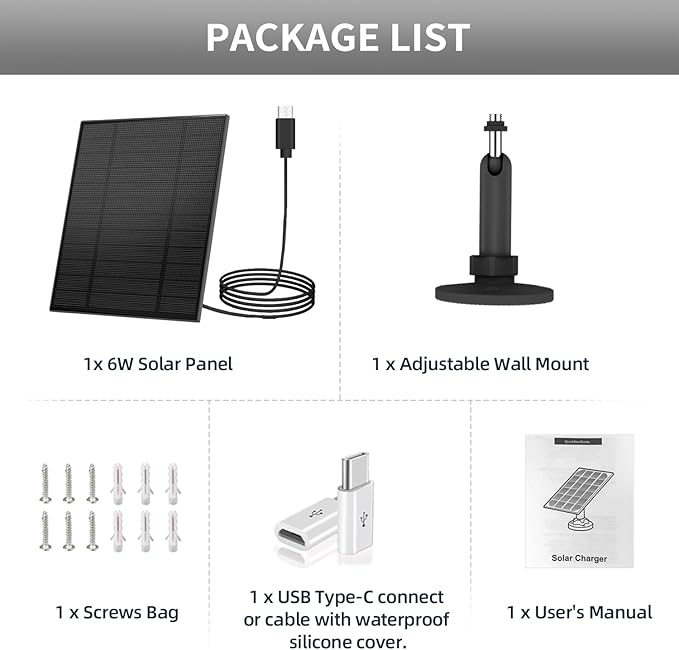 5W Solar Panel for Security Camera, Solar Panel with Micro USB & USB-C Port for DC 5V Outdoor Rechargeable Battery Camera, IP65 Waterproof, 360° Adjustable Security Mount, 9.8ft Cable(Black)