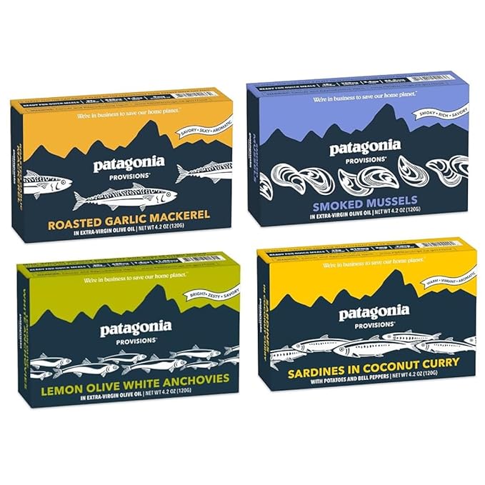 Patagonia Provisions Best Sellers Fish Bundle | (1) Roasted Garlic Mackerel, (1) Smoked Mussels, (1), Lemon Olive Anchovies, (1) Coconut Curry Sardines