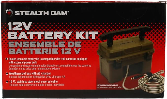 STEALTH CAM 12V Battery Box Kit - Portable Compact Waterproof Sealed Battery Charging Box for Hunting Trail Cameras w/ External Power Jack | AC Charger, 10Ft Steel Cable Included