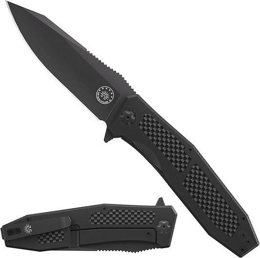 Off-Grid Knives - SCORPION V3, Large EDC Knife with Premium MagnaCut Blade Steel, Titanium Scales, Carbon Fiber Inlays, Manual Ball Bearing Flipper, Four Finger Grip, Deep Pocket Carry (Blackout)