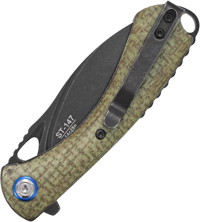 Sitivien ST147 Folding Pocket Knife,Black Stonewashed 14C28N Steel Blade with Micarta Handle Utility Knife EDC Tool Knife for Outdoor Camping,Hiking,Hunting(Green)
