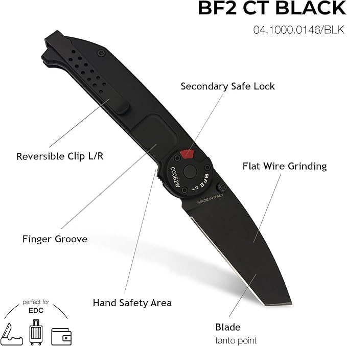 Extrema Ratio - BF2 CT (BLACK), Folding Knife, Böhler N690 steel blade hardened to 58 HRC, burnished finish, smooth anticorodal aluminum handle, dual guards, reversible clip, compact and durable