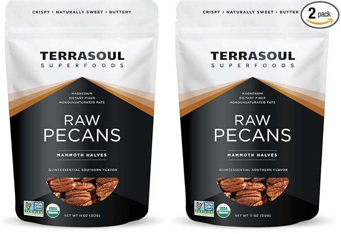 Terrasoul Superfoods Organic Pecans, 11 Oz (Pack of 2) - Mammoth Halves | Fresh | Raw