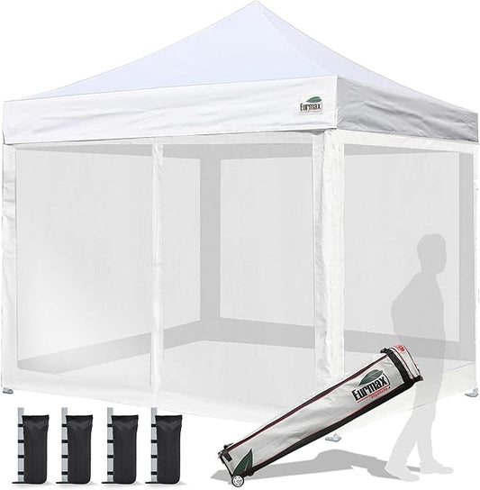 Eurmax USA 10'x10' Pop-up Canopy Tent Commercial Instant Canopies with 4 Removable Zipper End Screen Wall kit and Roller Bag, Bonus 4 SandBags(White)