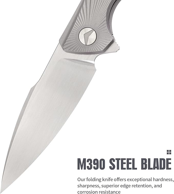 Folding Knife pocket knife EDC Knife With Clip Survival knife Hunting knife - M390 Steel Titanium Handle - Outdoor Hunting Hiking Survival Camping knife with Sheath Gifts For Men (Grey)