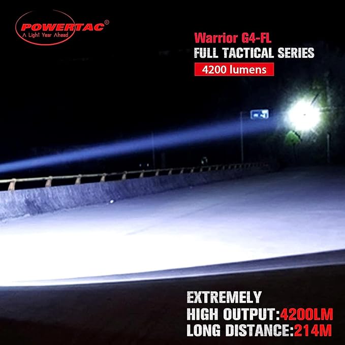 Powertac Warrior G4-FL 4200 Lumen (Wide Beam) Tactical Handheld Flashlight High Lumen, Waterproof, USB Rechargeable Flashlight and Dual-Charging Magnetic Police Duty LED Flashlight