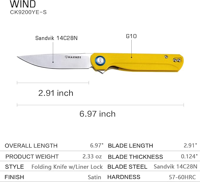 Wind Pocket Knife Flipper Sandvik Steel G10 Handle Folding Knife Ball Bearing with 2-Position Clip for Camping Survival and EDC (Yellow)