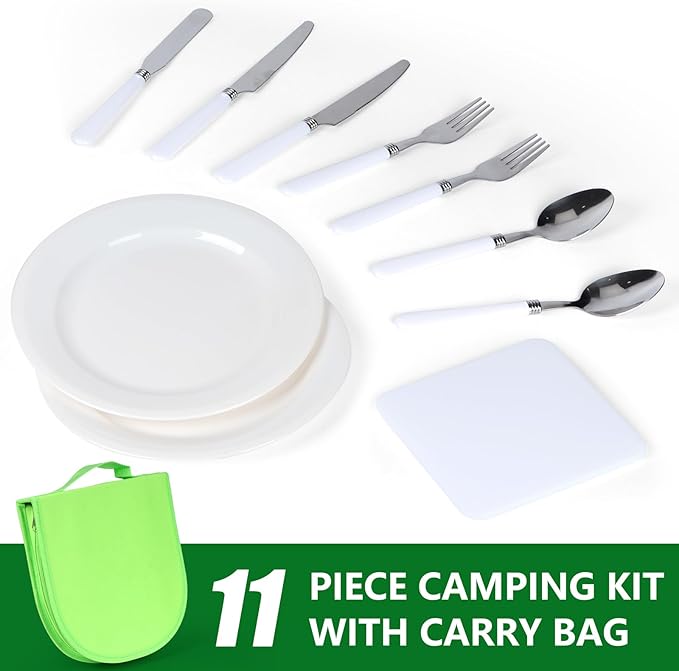 Camping Silverware Set with Case Utensil Camping Picnic Cutlery Kit Camping Mess Kit- 11 Pcs Mess Kit for 2 White Plate Spoon and Serrated Knife Fork