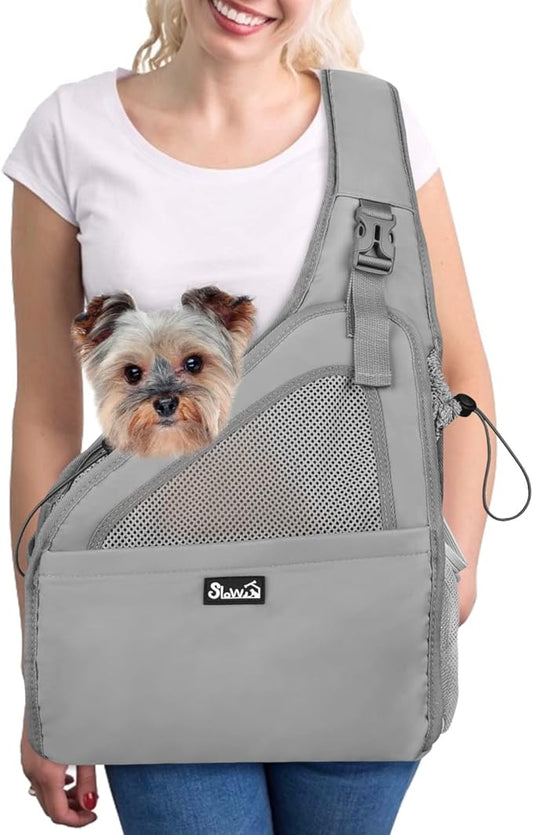 SlowTon Pet Dog Sling Carrier, Hands Free Hard Bottom Papoose Small Animal Puppy Up to 11 lbs Travel Bag Tote Breathable Mesh Support Adjustable Padded Strap Pocket Safety Belt Machine Washable