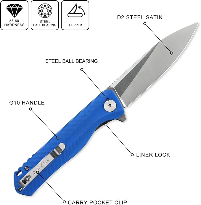 Petrified fish G10 handle D2 steel blade 2CR13 liner ball bearing flipper folding knife camping hunting EDC pocket tool PF818 (Blue, Satin)