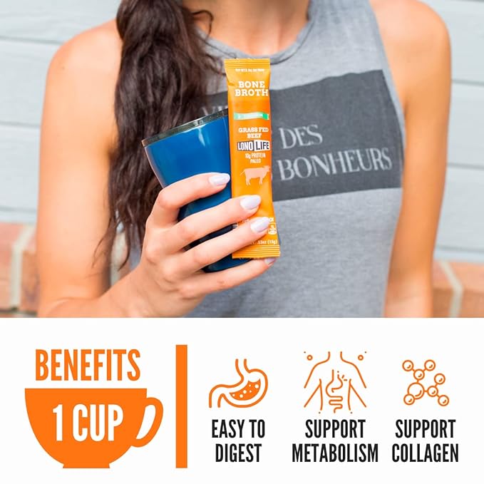 LonoLife Low Sodium Beef Bone Broth Powder Mix | Grass-Fed, 10g Protein | Collagen-Rich, Keto & Paleo Friendly | Natural Ingredients | 10 Portable Stick Pack Servings