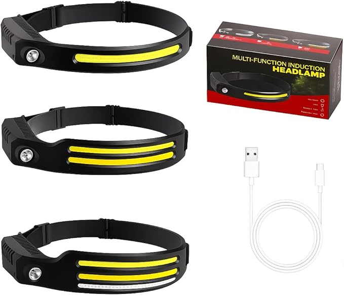 3-Pack Rechargeable LED Headlamps ??High-Power USB Headlights COB Floodlight & Motion Sensor ??Super Bright, Adjustable Beam, Water-Resistant ??Ideal for Camping, Work, Fishing, Biking, Running