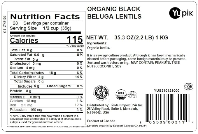 Yupik Organic Black Beluga Lentils, 2.2 lb (35.3 oz), Non-GMO, Vegan, Gluten-Free, Kosher, Raw, Sugar-Free - Rich in Protein, Fiber & Iron, Perfect for Soups & Salads