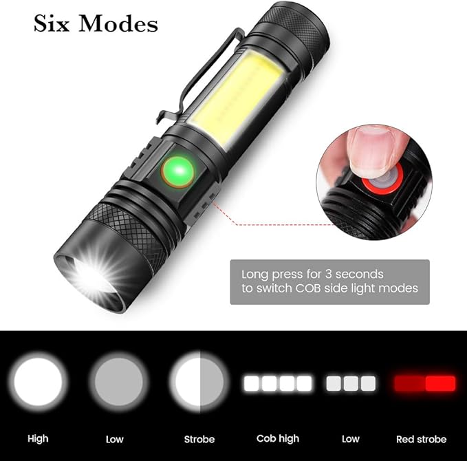 Rechargeable Flashlight, Magnetic LED Flashlight ?�Battery Not Included?‘with COB Work Light, Pocket Tactical Flashlights with 6 Modes,1000 Lumens Super Bright,Waterproof,Zoomable,for Camping,Emergency