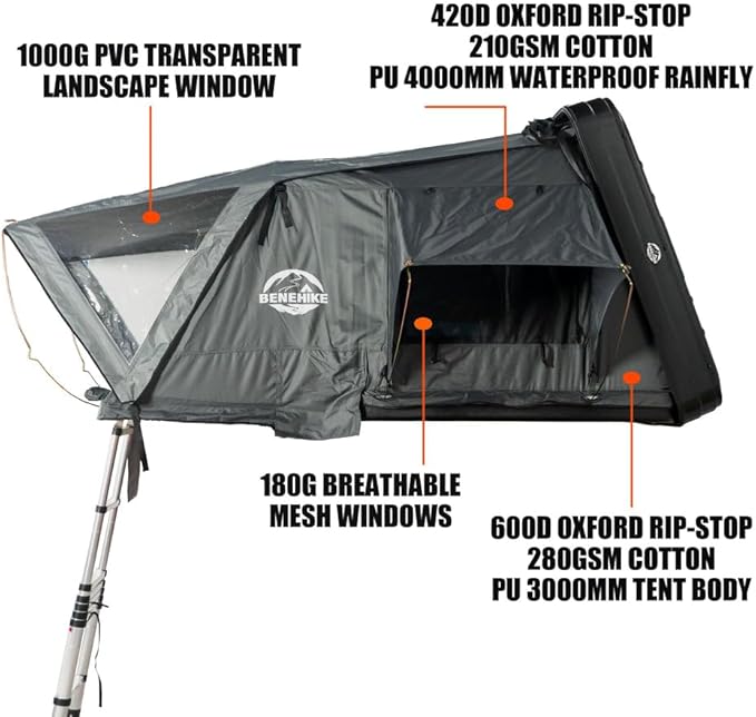 BIVVYY V2 Rooftop Hard Shell, Vehicle Mounted Pop Up Hardshell Roof Top Tent, Side Open Rooftop Tent with Rainflys for Van SUV Truck (4+ Person)