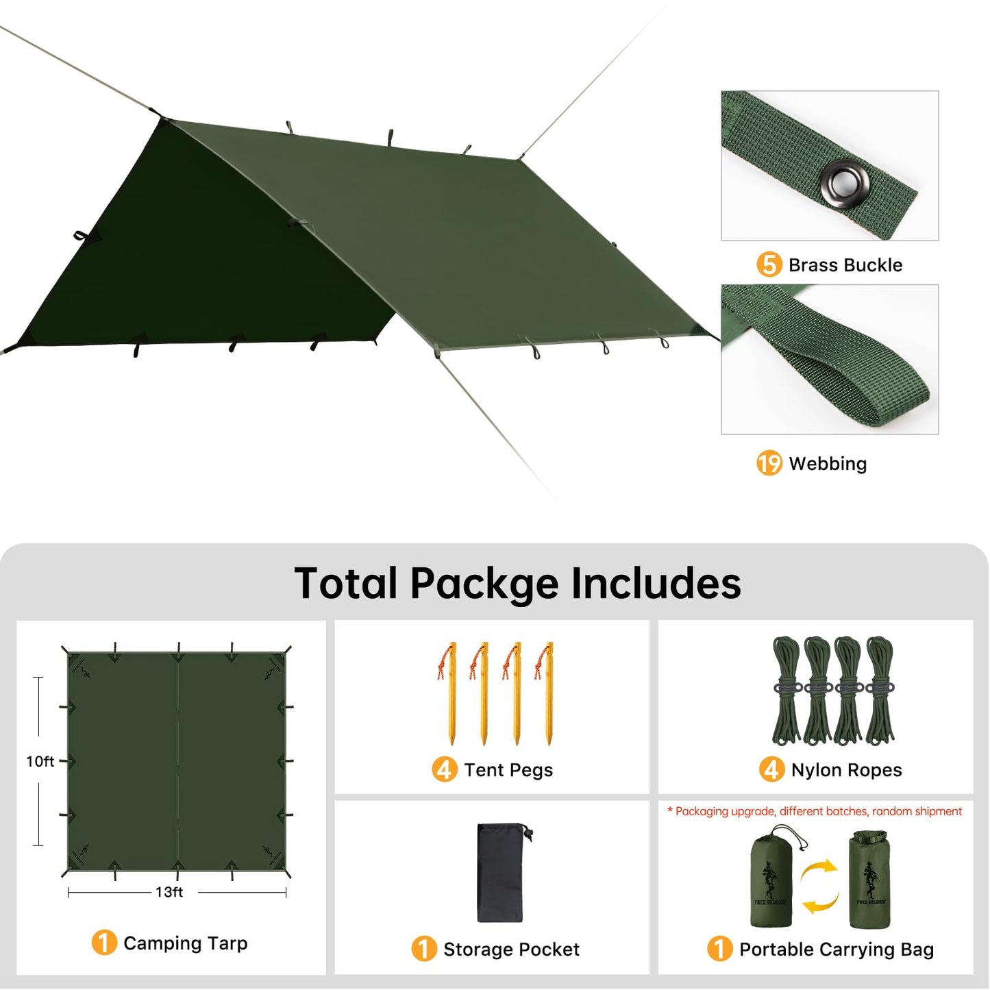 FREE SOLDIER Waterproof Camping Tarp Shelter Awning(Dark Green 13×13ft)
