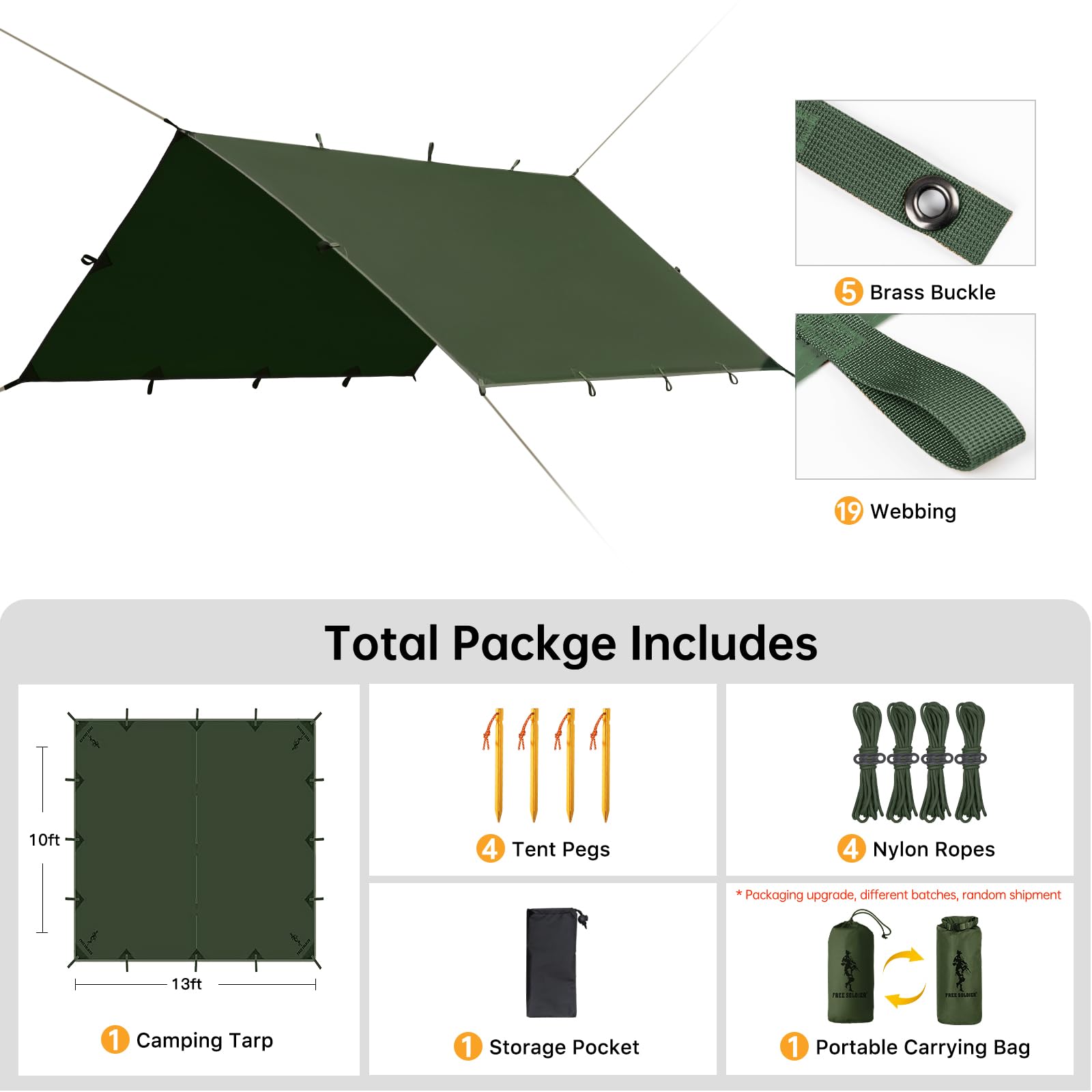 FREE SOLDIER Waterproof Camping Tarp Shelter Awning(Dark Green 13×13ft)