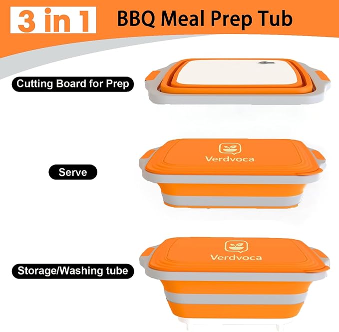 Collapsible BBQ Prep Tubs with Lids, Grill Cutting Board, Camping Sink with Drainage Hole for Meal Prep, Fruit Wash and Food Storage, Marinating Container,16L Orange Tub 20"