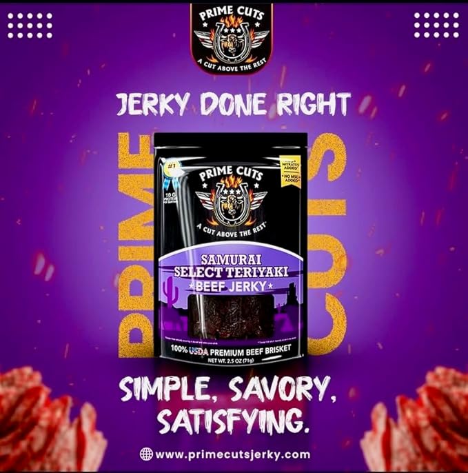 Prime Cuts Samurai Select Teriyaki Beef Jerky | USDA Prime Brisket | East-Meets-West Flavor Fusion | High-Protein, Low-Fat Snack | Savory-Sweet Teriyaki Taste